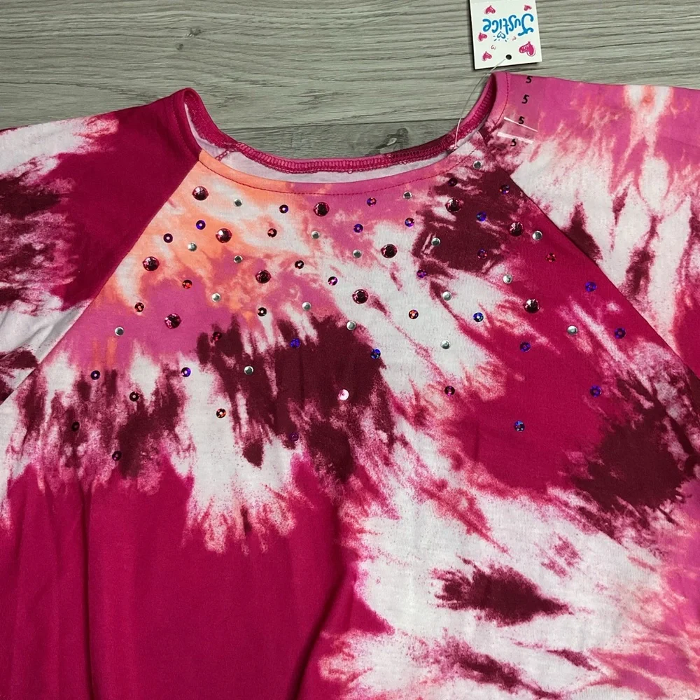 JUSTICE SIZE  5 CROP  SEQUIN T-SHIRT TOP Pink Orange‎ Red Tie Dye